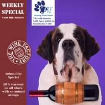 Image may contain: text that says 'WEEKLY SPECIAL VALID TILL: 04/1 0/20 CARF Fosterinq Second Chances will donate Nafl. per bottle to foundation CARF N NE HO Animal Day Special 20 % discount on all wines with an animal as logo'